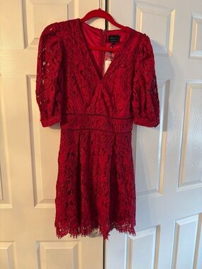 Bardot Red Lace V-Neck Mini Dress with Puff Sleeves